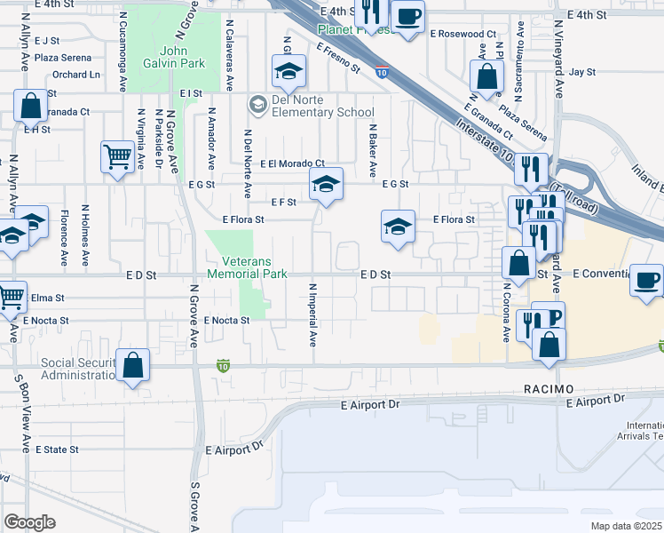 map of restaurants, bars, coffee shops, grocery stores, and more near 426 North Imperial Avenue in Ontario