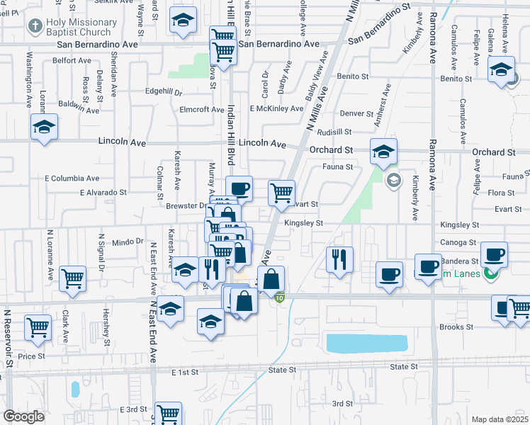 map of restaurants, bars, coffee shops, grocery stores, and more near 1688 Granada Place in Pomona