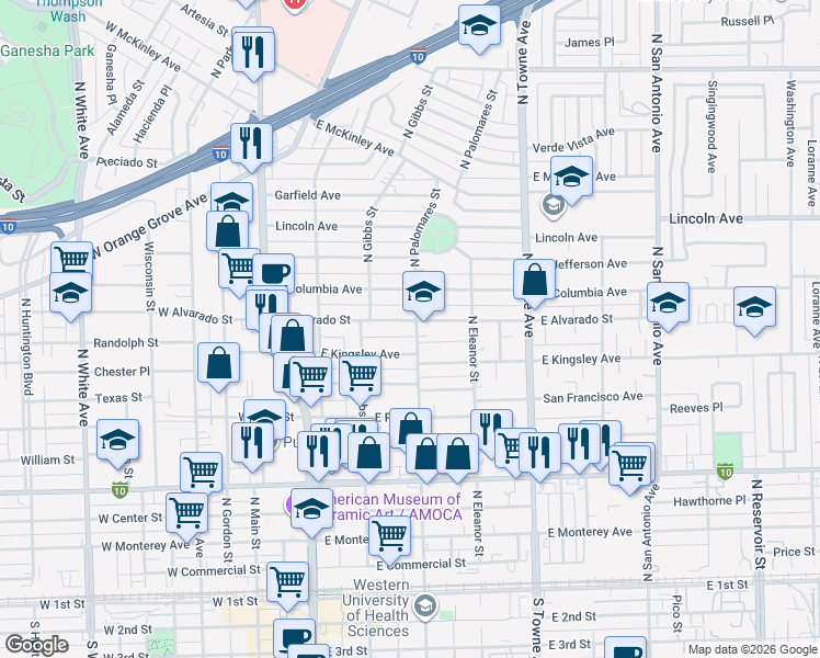 map of restaurants, bars, coffee shops, grocery stores, and more near 361 East Alvarado Street in Pomona