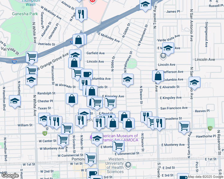 map of restaurants, bars, coffee shops, grocery stores, and more near 269 East Alvarado Street in Pomona