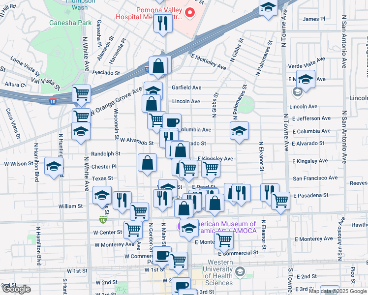 map of restaurants, bars, coffee shops, grocery stores, and more near 197 East Alvarado Street in Pomona
