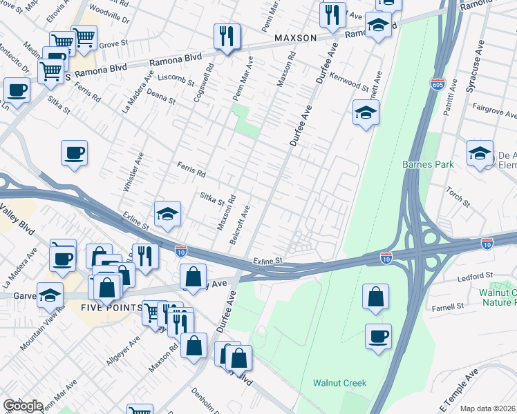 map of restaurants, bars, coffee shops, grocery stores, and more near 3609 Durfee Avenue in El Monte
