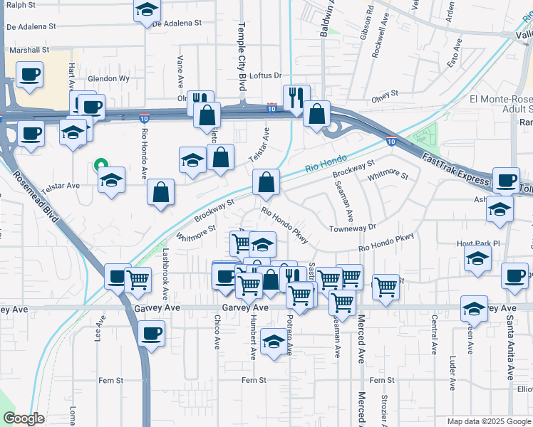 map of restaurants, bars, coffee shops, grocery stores, and more near 9713 Rio Hondo Parkway in El Monte