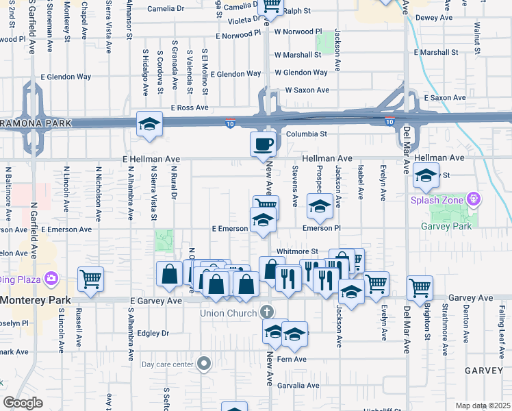 map of restaurants, bars, coffee shops, grocery stores, and more near 521a New Avenue in Monterey Park