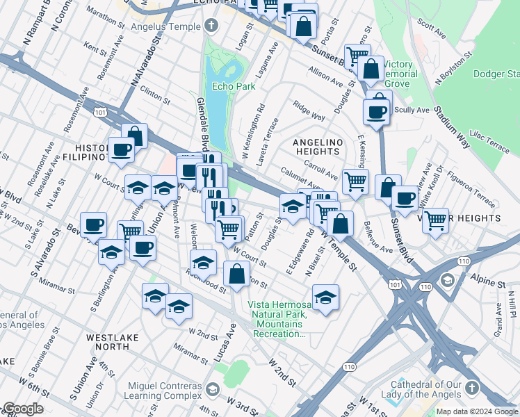 map of restaurants, bars, coffee shops, grocery stores, and more near 1461 West Temple Street in Los Angeles