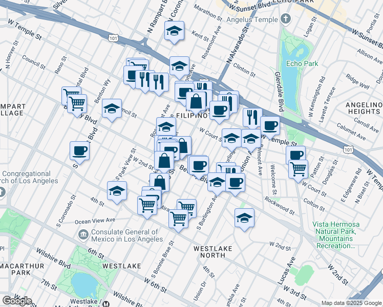 map of restaurants, bars, coffee shops, grocery stores, and more near 214 North Alvarado Street in Los Angeles