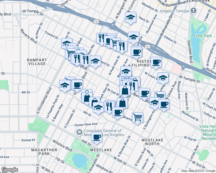 map of restaurants, bars, coffee shops, grocery stores, and more near 2329 Beverly Boulevard in Los Angeles