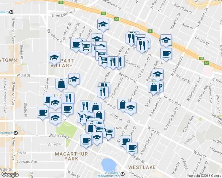 map of restaurants, bars, coffee shops, grocery stores, and more near 215 South Rampart Boulevard in Los Angeles