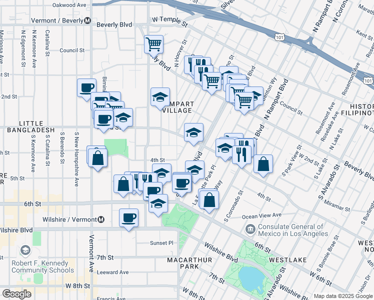 map of restaurants, bars, coffee shops, grocery stores, and more near 307 South Reno Street in Los Angeles
