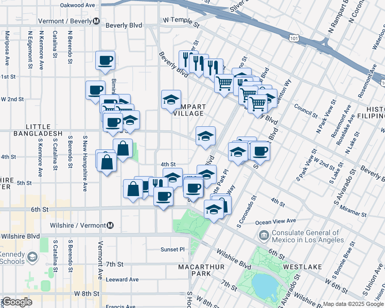 map of restaurants, bars, coffee shops, grocery stores, and more near 307 South Reno Street in Los Angeles