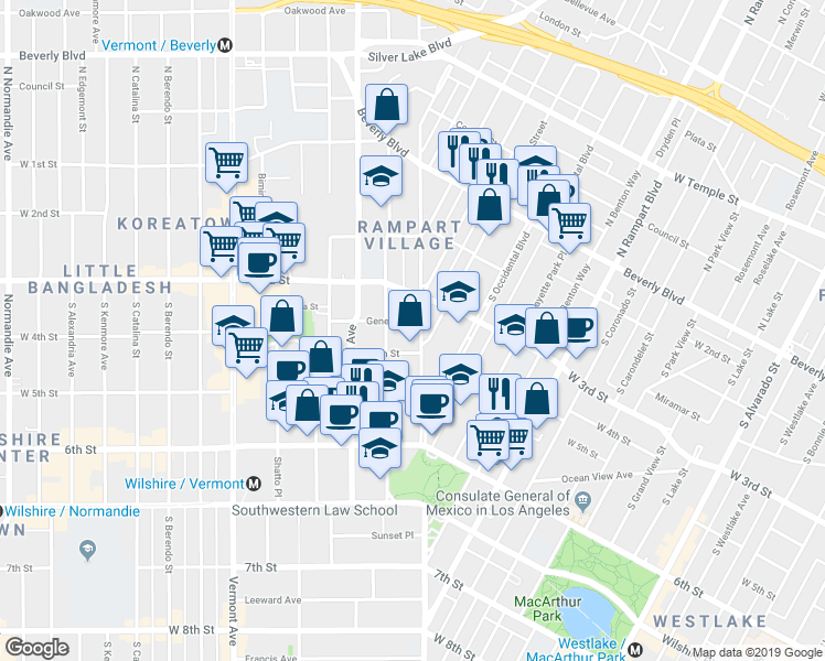 map of restaurants, bars, coffee shops, grocery stores, and more near 307 South Reno Street in Los Angeles
