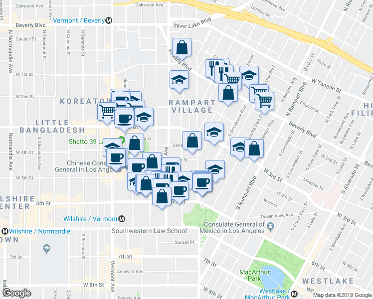 map of restaurants, bars, coffee shops, grocery stores, and more near 328 South Commonwealth Avenue in Los Angeles