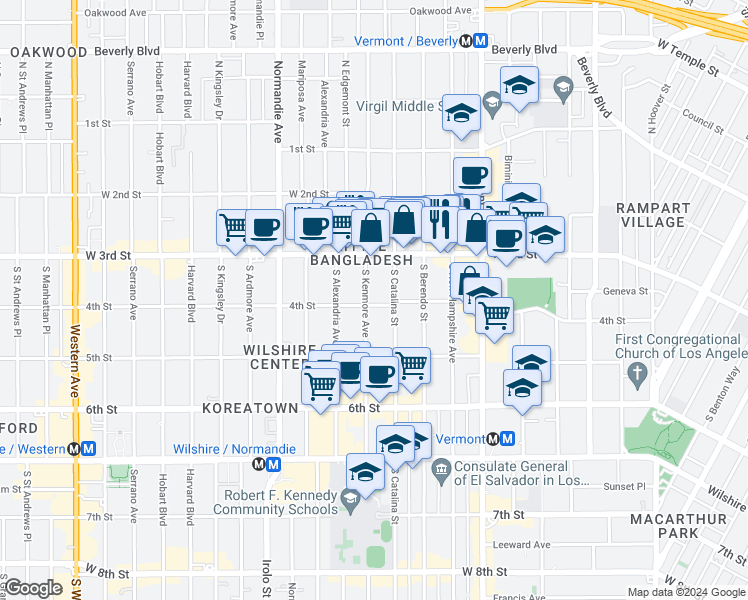 map of restaurants, bars, coffee shops, grocery stores, and more near 330 South Kenmore Avenue in Los Angeles