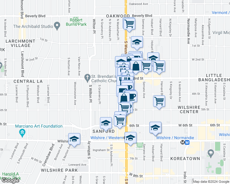 map of restaurants, bars, coffee shops, grocery stores, and more near 333 South Manhattan Place in Los Angeles