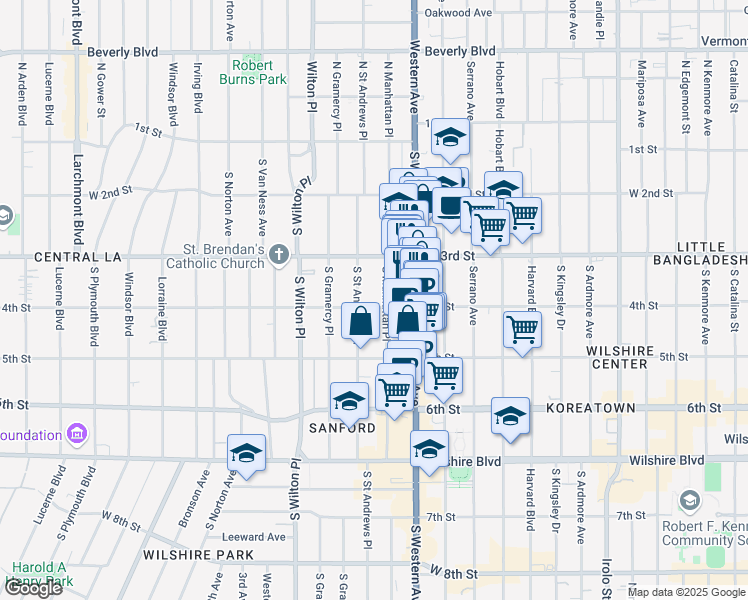 map of restaurants, bars, coffee shops, grocery stores, and more near 333 South Manhattan Place in Los Angeles