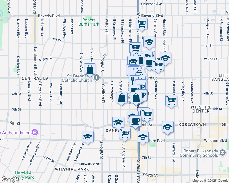 map of restaurants, bars, coffee shops, grocery stores, and more near 326 South Gramercy Place in Los Angeles