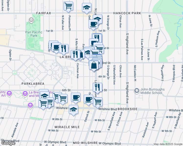 map of restaurants, bars, coffee shops, grocery stores, and more near 325 South Detroit Street in Los Angeles