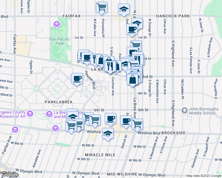 map of restaurants, bars, coffee shops, grocery stores, and more near 336 South Cochran Avenue in Los Angeles