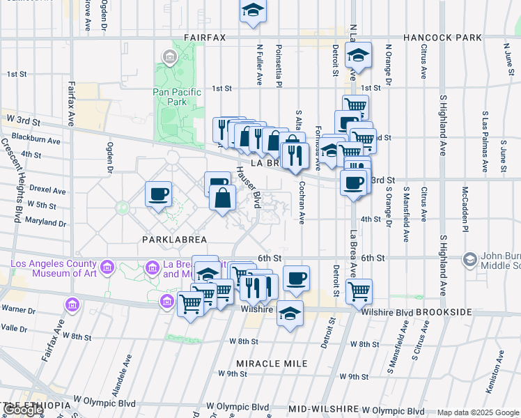 map of restaurants, bars, coffee shops, grocery stores, and more near 350 South Fuller Avenue in Los Angeles