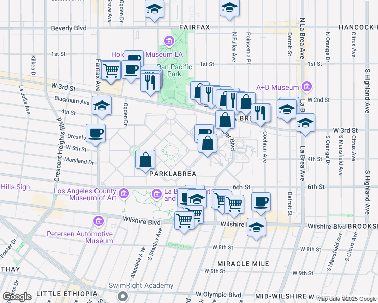 map of restaurants, bars, coffee shops, grocery stores, and more near 383 South Burnside Avenue in Los Angeles