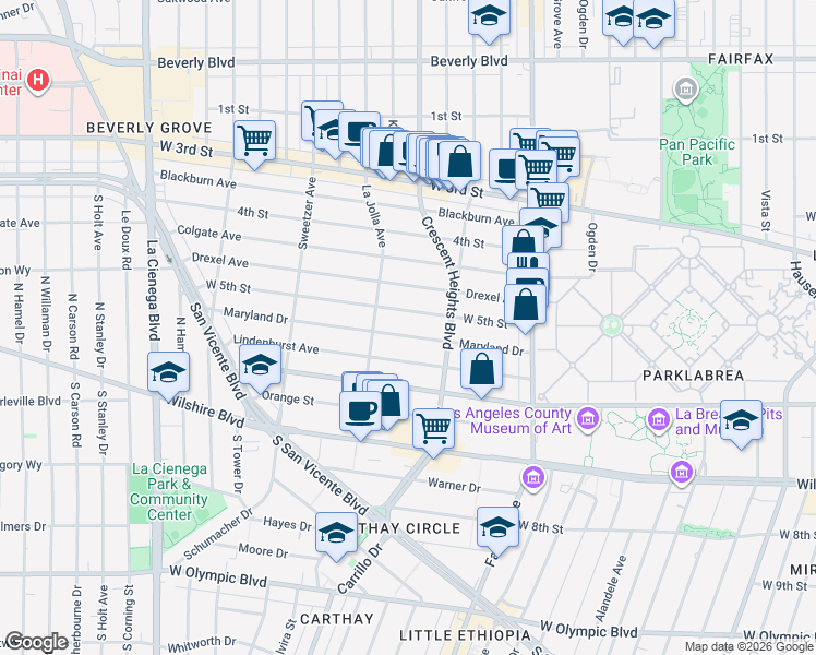 map of restaurants, bars, coffee shops, grocery stores, and more near 6351 West 5th Street in Los Angeles