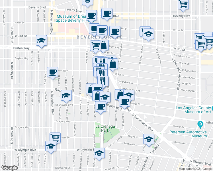 map of restaurants, bars, coffee shops, grocery stores, and more near 147 North Hamilton Drive in Beverly Hills