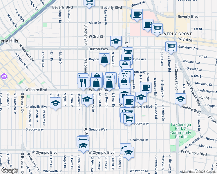 map of restaurants, bars, coffee shops, grocery stores, and more near 133 North Swall Drive in Beverly Hills