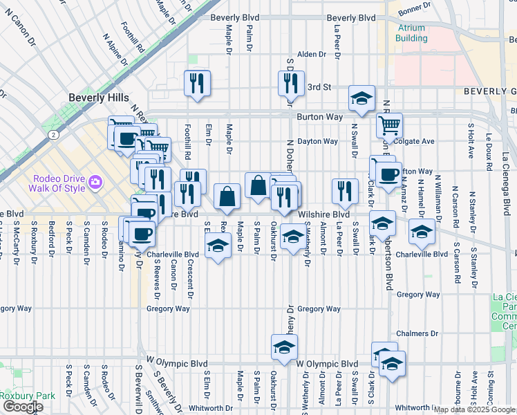 map of restaurants, bars, coffee shops, grocery stores, and more near 110 North Palm Drive in Beverly Hills
