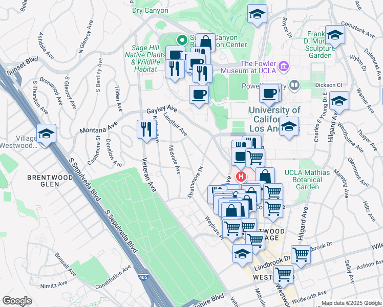 map of restaurants, bars, coffee shops, grocery stores, and more near 519 Landfair Avenue in Los Angeles