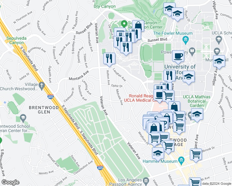 map of restaurants, bars, coffee shops, grocery stores, and more near 11002 Ophir Drive in Los Angeles