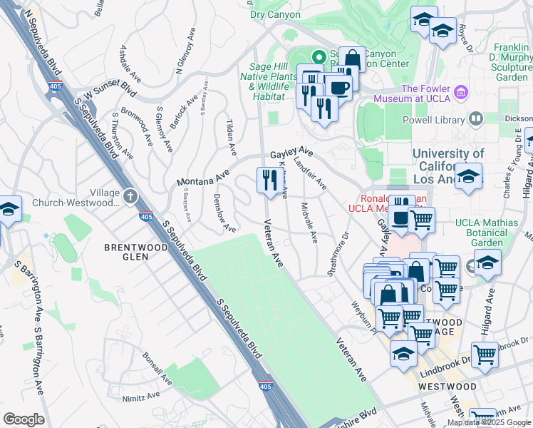 map of restaurants, bars, coffee shops, grocery stores, and more near 513 Veteran Avenue in Los Angeles