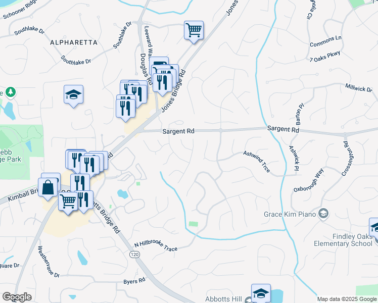 map of restaurants, bars, coffee shops, grocery stores, and more near 500 Birch Forest Lane in Alpharetta
