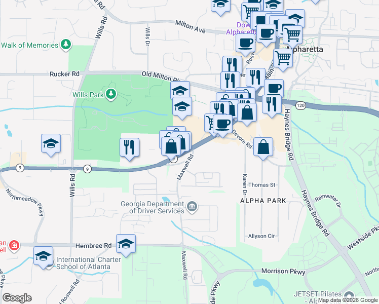 map of restaurants, bars, coffee shops, grocery stores, and more near 305 South Main Street in Alpharetta