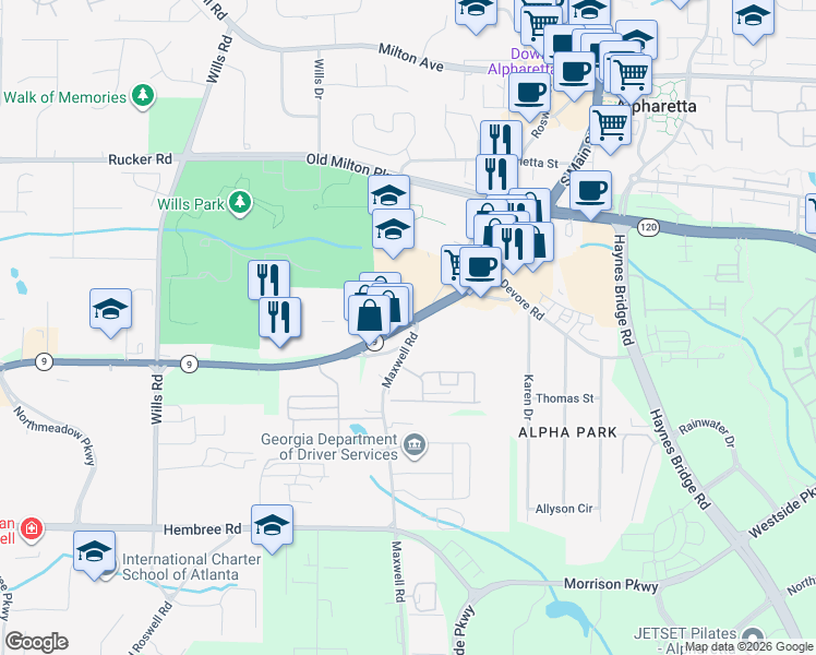 map of restaurants, bars, coffee shops, grocery stores, and more near 305 South Main Street in Alpharetta