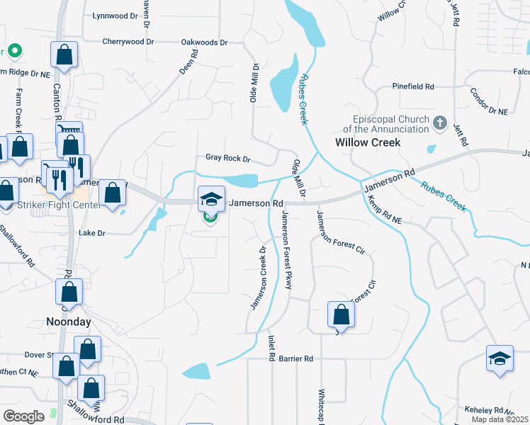 map of restaurants, bars, coffee shops, grocery stores, and more near 1420 Creek Overlook Court in Marietta