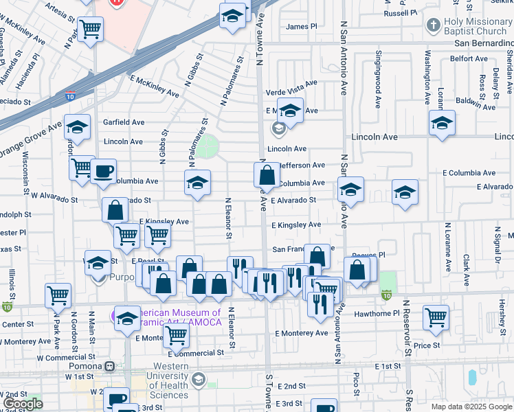 map of restaurants, bars, coffee shops, grocery stores, and more near 873 North Towne Avenue in Pomona