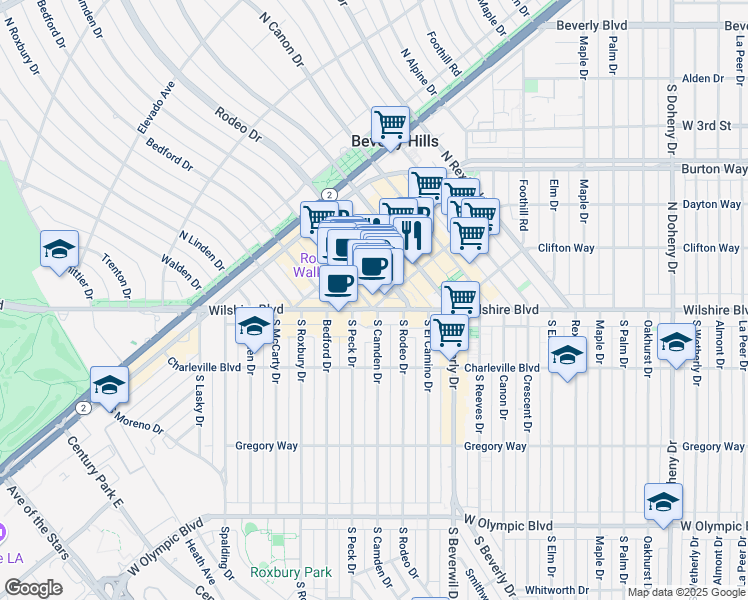 map of restaurants, bars, coffee shops, grocery stores, and more near 9595 Wilshire Boulevard in Beverly Hills