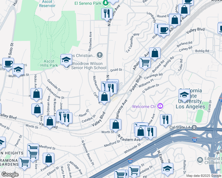 map of restaurants, bars, coffee shops, grocery stores, and more near 2050 North Eastern Avenue in Los Angeles