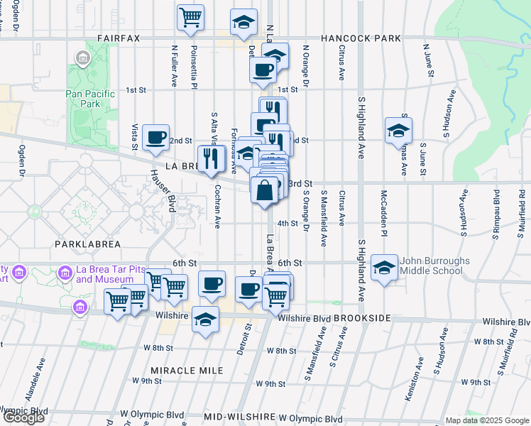 map of restaurants, bars, coffee shops, grocery stores, and more near 332 South La Brea Avenue in Los Angeles