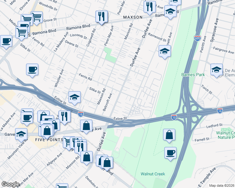 map of restaurants, bars, coffee shops, grocery stores, and more near 3609 Durfee Avenue in El Monte