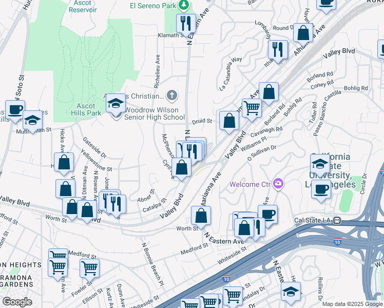 map of restaurants, bars, coffee shops, grocery stores, and more near 2050 North Eastern Avenue in Los Angeles