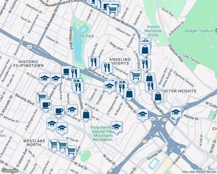 map of restaurants, bars, coffee shops, grocery stores, and more near 1357 West Temple Street in Los Angeles