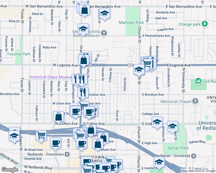 map of restaurants, bars, coffee shops, grocery stores, and more near 1115 Tribune Street in Redlands