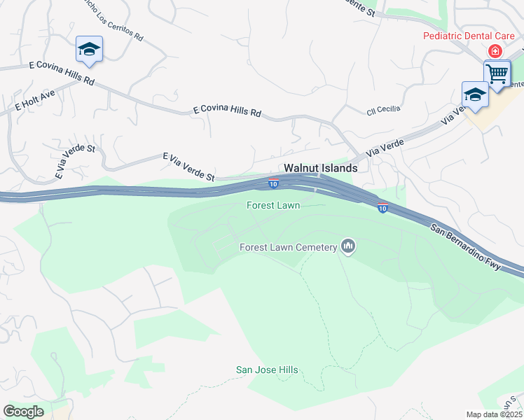 map of restaurants, bars, coffee shops, grocery stores, and more near 21300 East Via Verde Street in Covina