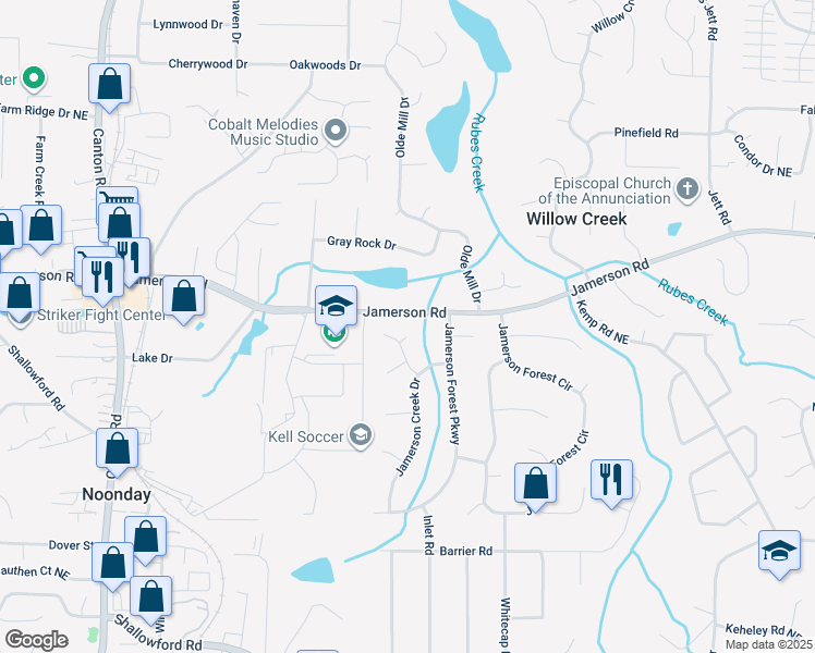 map of restaurants, bars, coffee shops, grocery stores, and more near 1421 Creek Overlook Court in Marietta