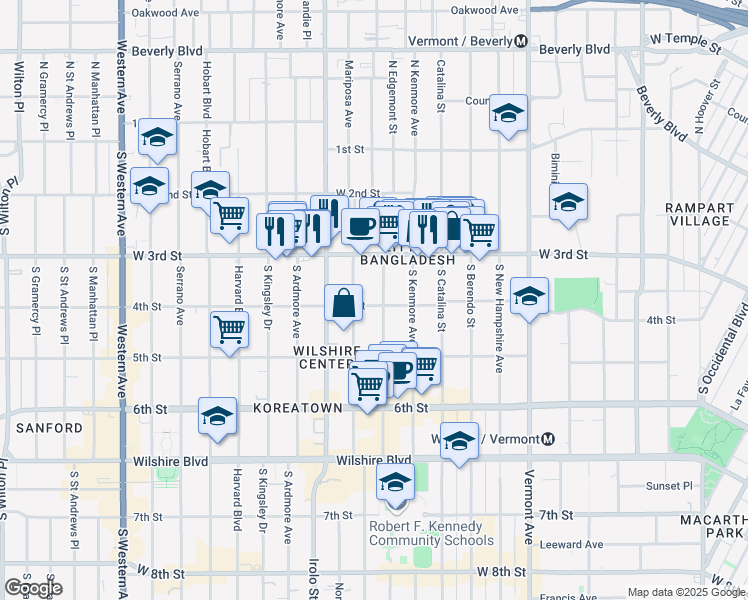 map of restaurants, bars, coffee shops, grocery stores, and more near 345 South Alexandria Avenue in Los Angeles