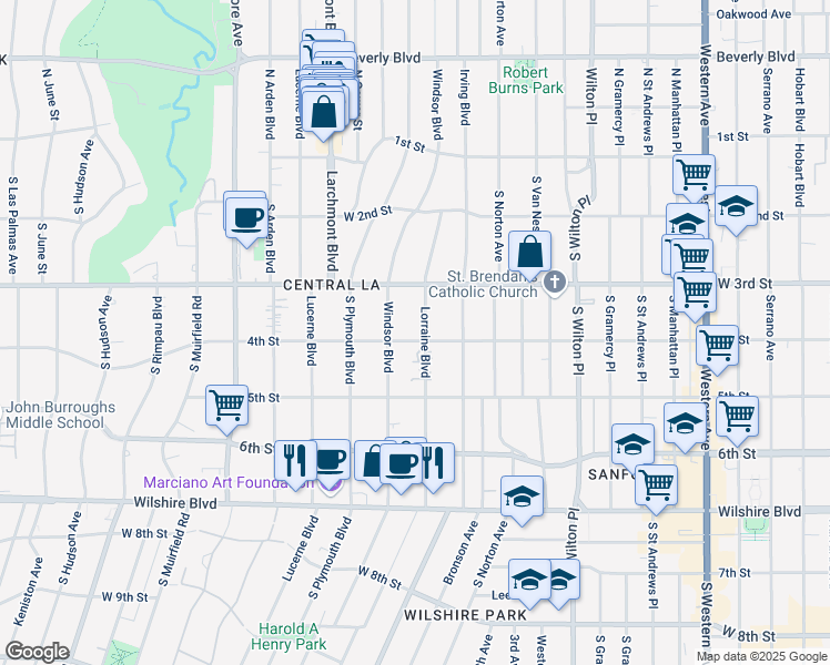 map of restaurants, bars, coffee shops, grocery stores, and more near 357 Lorraine Boulevard in Los Angeles
