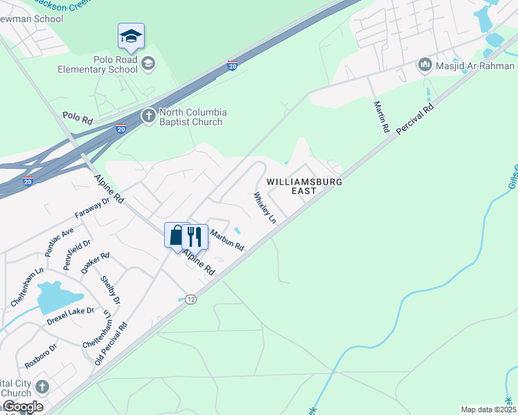 map of restaurants, bars, coffee shops, grocery stores, and more near 212 Whixley Lane in Columbia
