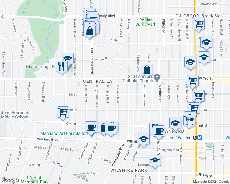 map of restaurants, bars, coffee shops, grocery stores, and more near 357 Lorraine Boulevard in Los Angeles