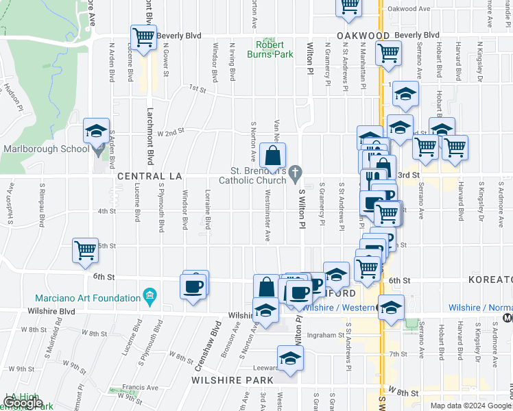 map of restaurants, bars, coffee shops, grocery stores, and more near 350 South Norton Avenue in Los Angeles